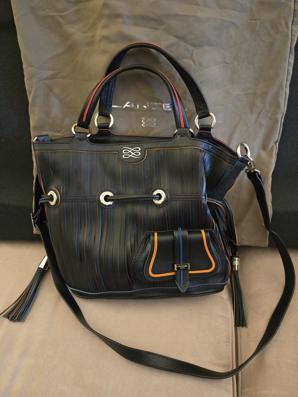 Lancel Black Multicolor Stripe Hobo Bag